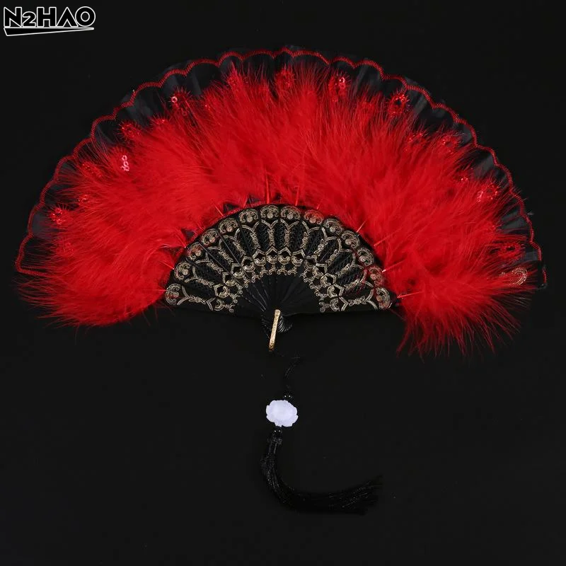 Éventail pliant vintage en fourrure et plastique, style japonais, pour femme, éventails de danse, éventails à plumes, cadeaux de fête, décoration intérieure