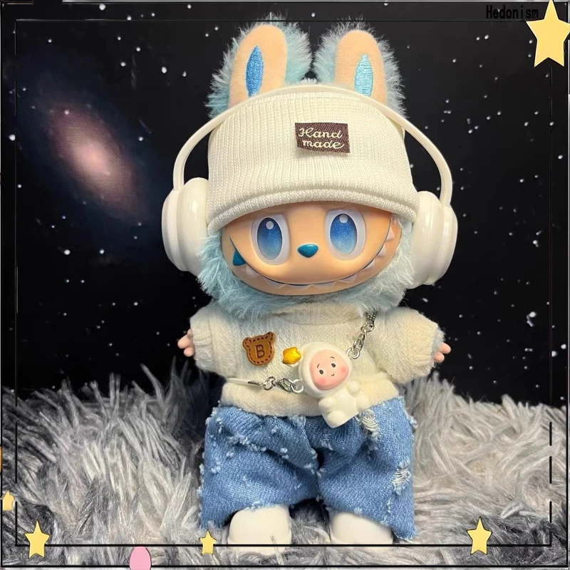 

Suitable For Labubu15-17cm First Second Third Generation 6pc Fashion Purple Jeans White Knitted Shirt Earphones Hat Doll Clothes