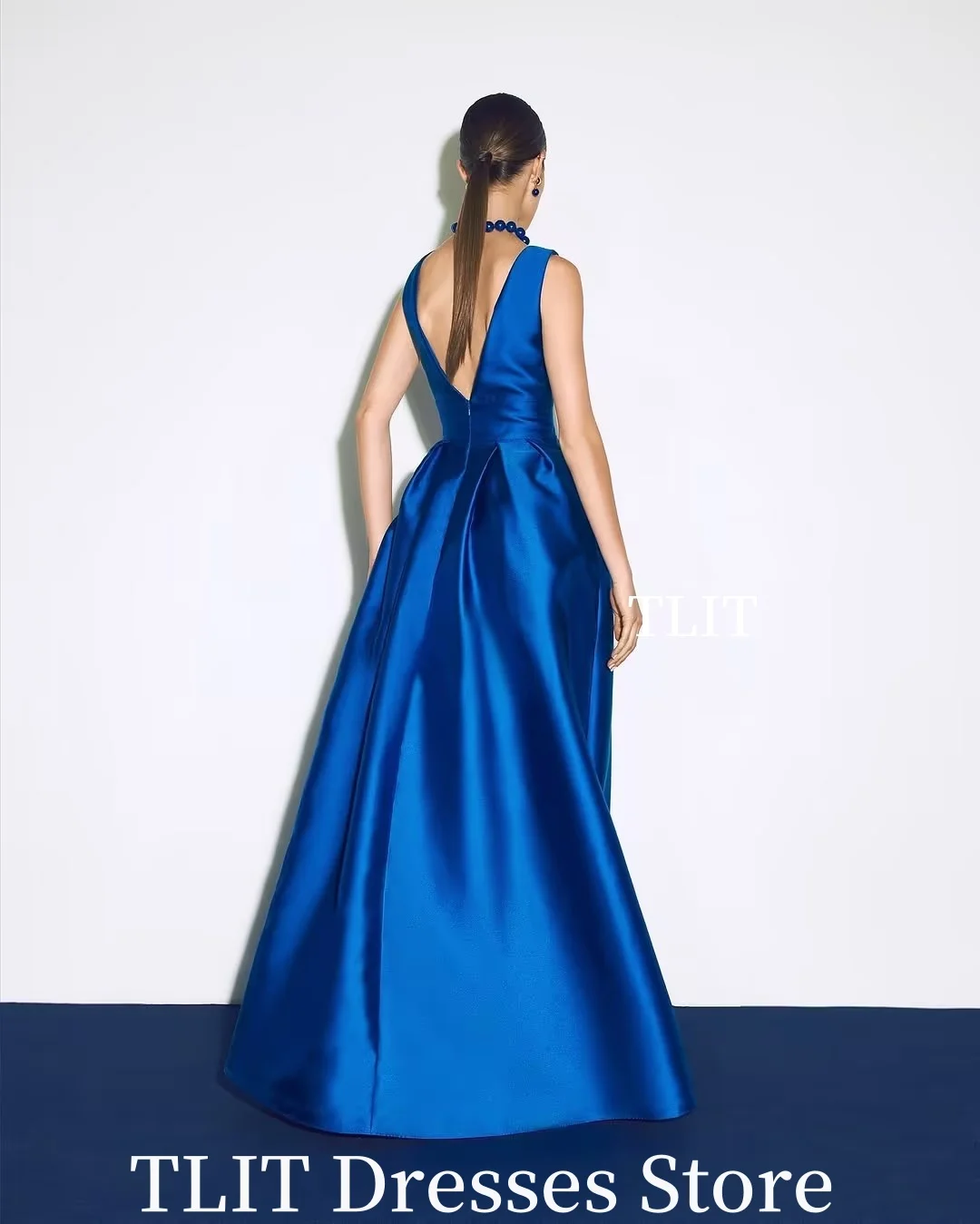 TLIT Blue Taffeta Women's Evening Dresses Sleeveless Prom Gowns Customized Party Sexy Deep V-Neck Backless Vestidos Para Mujer