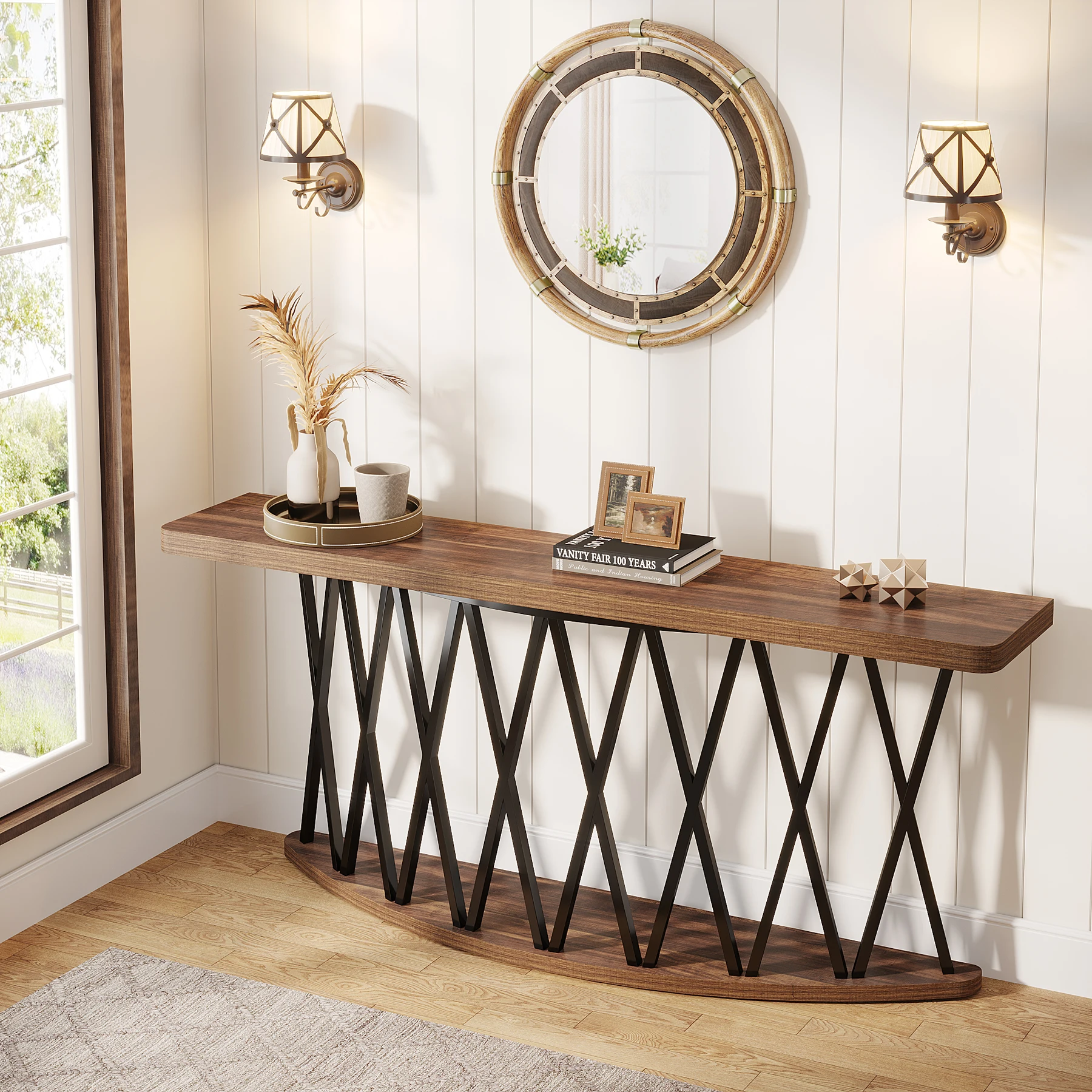 

Tribesigns 70.8" Half Moon Base Brown Console Sofa Table with X-Shaped Metal Frame Home Furniture Entry Console Table