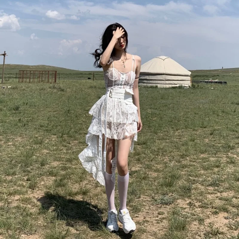 New Original Summer White Splicing Lolita Sling Dress Hot Girl Slim Fashion Sexy Irregular Lace Dress