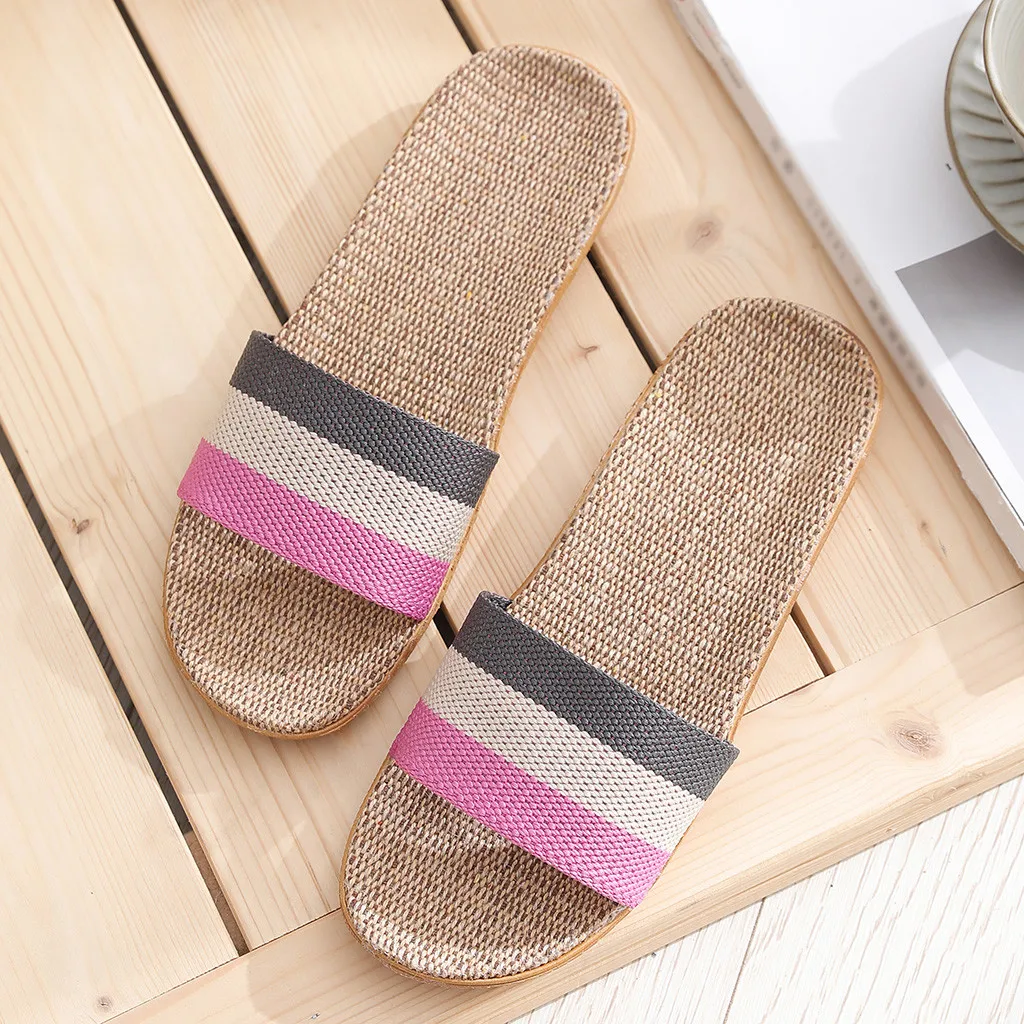 36-45 Plus Size Women\'s Slippers Flat Flax Sandals Linen Lightweight Casual Summer Slippers Women For Home Beach Slides