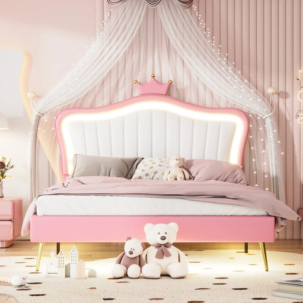 

Full Size Upholstered Bed Frame with LED Lights,Modern Upholstered Princess Bed with Crown Headboard