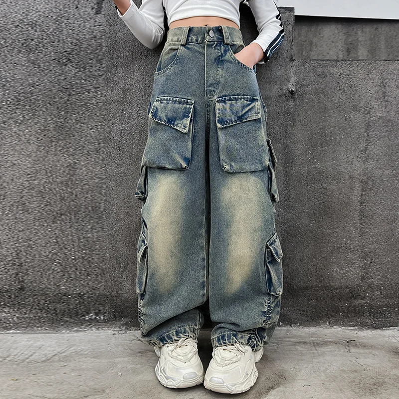 New Children's Retro Workwear Pants Summer Girls Personalized Pockets Versatile Jeans Princess Casual Fashion Trendy Cool Pants