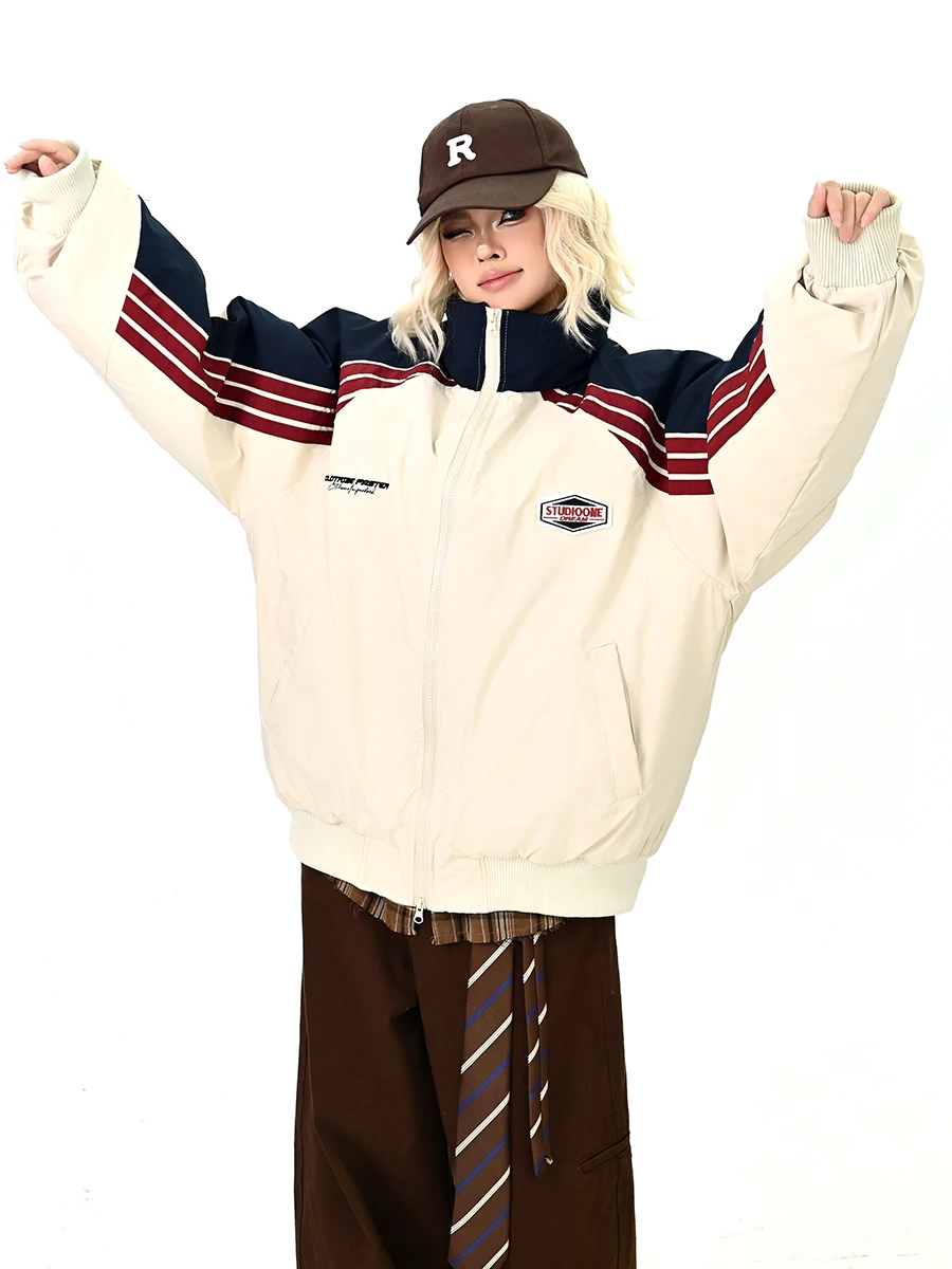 

Loose Women's Cotton Jaet Stand Collar Patchwork Stripes Bread Sle Winter New Arrival Street Faion PMFIVEE Brand