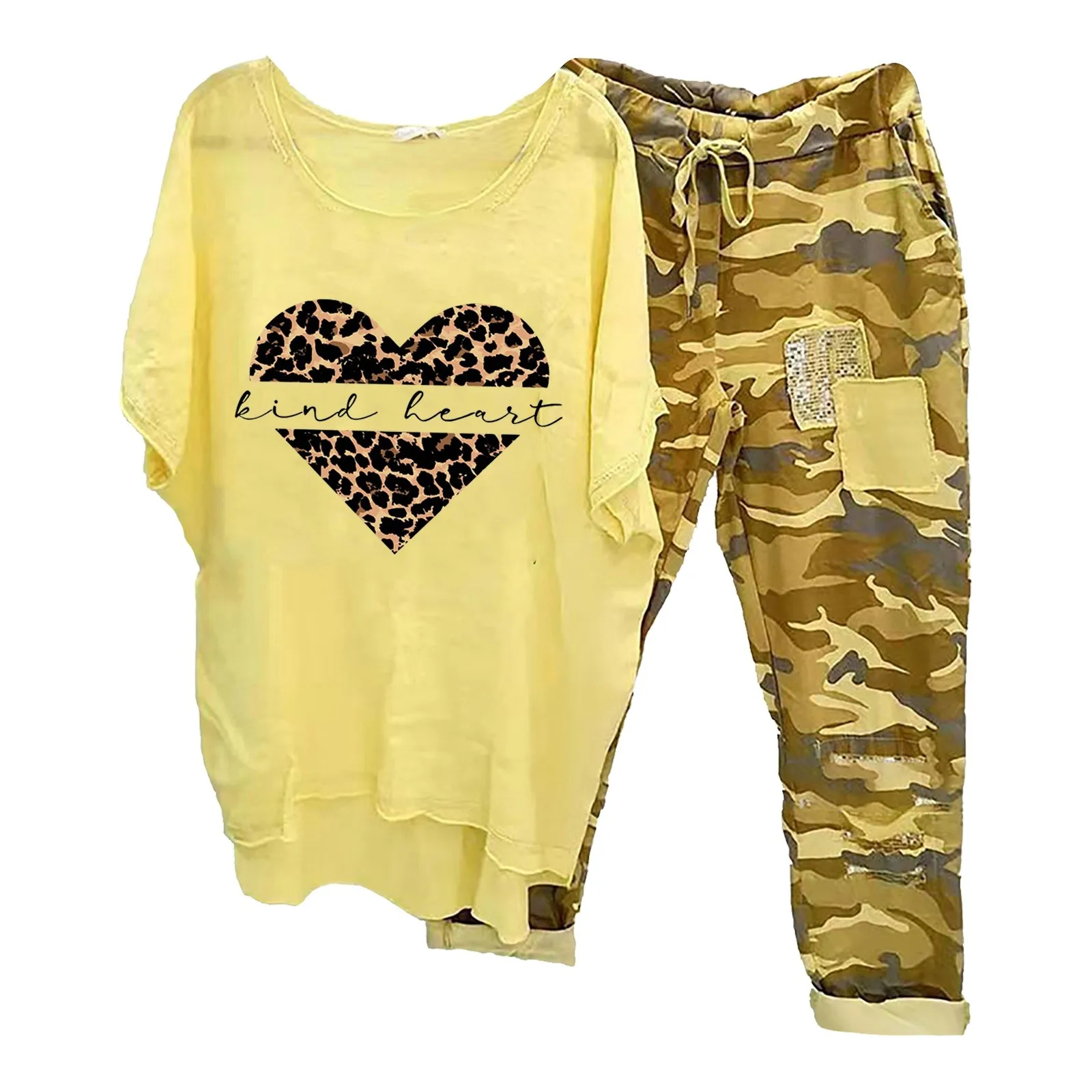 

Женский Простой повседневный комплект из 2 предметов, свободная Удобная футболка с принтом Love и широкие брюки со шнуровкой, комплекты для путешествий