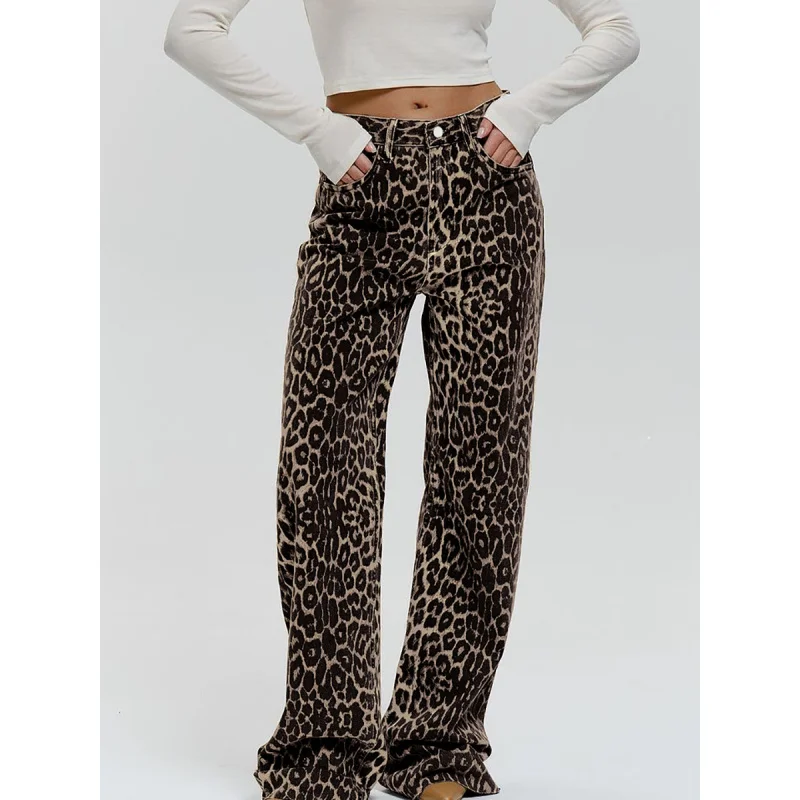 Pantalon large en coton imprimé léopard taille basse pour femmes, style de rue rétro, polyvalent, été, vente en gros, 2024