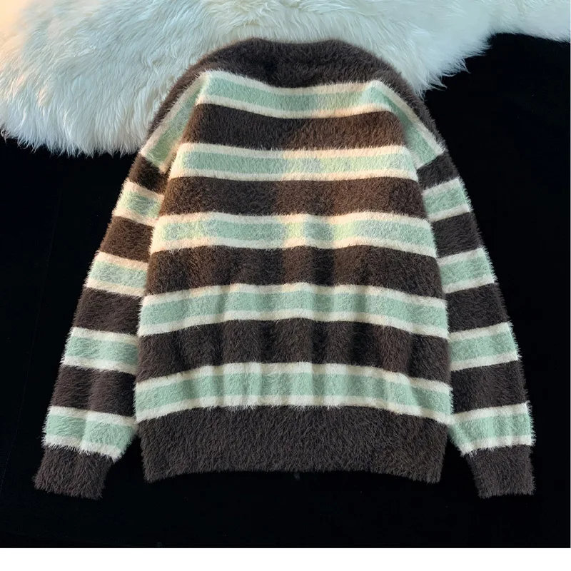 Women Fashion Vintage O-neck Pullovers Autumn Striped Loose Casual Knitted Pullovers Comfortable Elasticity Soft Sweaters