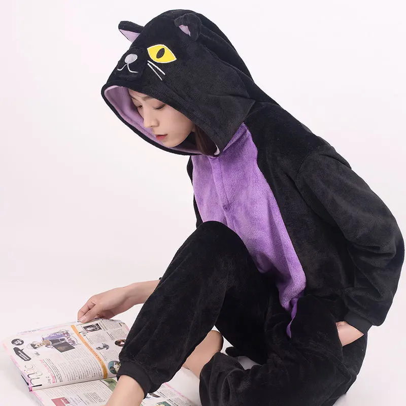 Pijama de flanela com capuz gato preto, Cartoon Button Onesie, pijamas casal, lazer, Halloween Cosplay, mulheres e homens