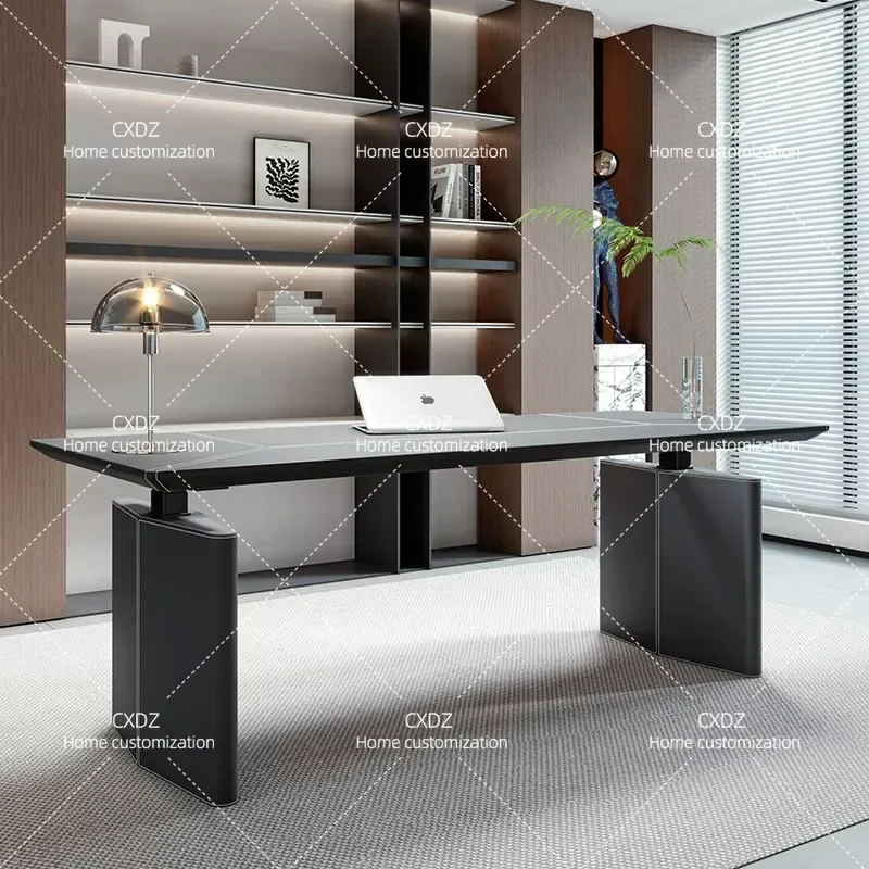 Electric Height Adjustable Standing Desk Saddle Leather Computer Table for Home Office Study Gaming Workstation Smart Lift