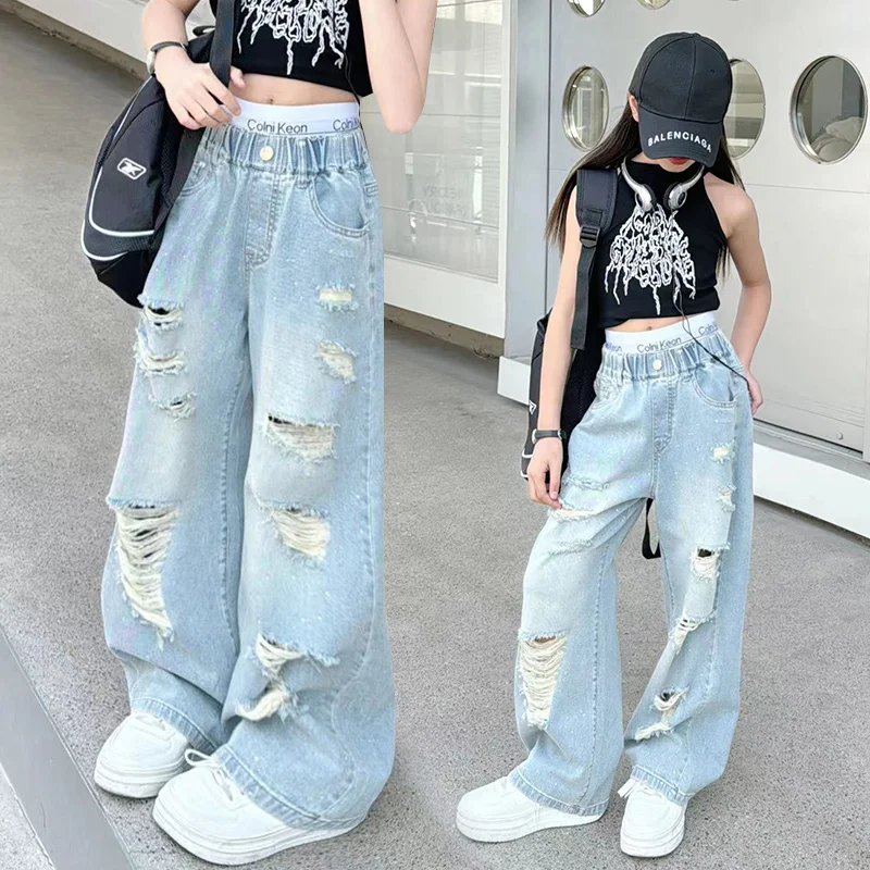 

Kids Girls High Fashion Ripped Broken Jeans with Holes Tweens Child Street Style Destroyed Denim Pants Age 5 7 9 11 13 14 Years