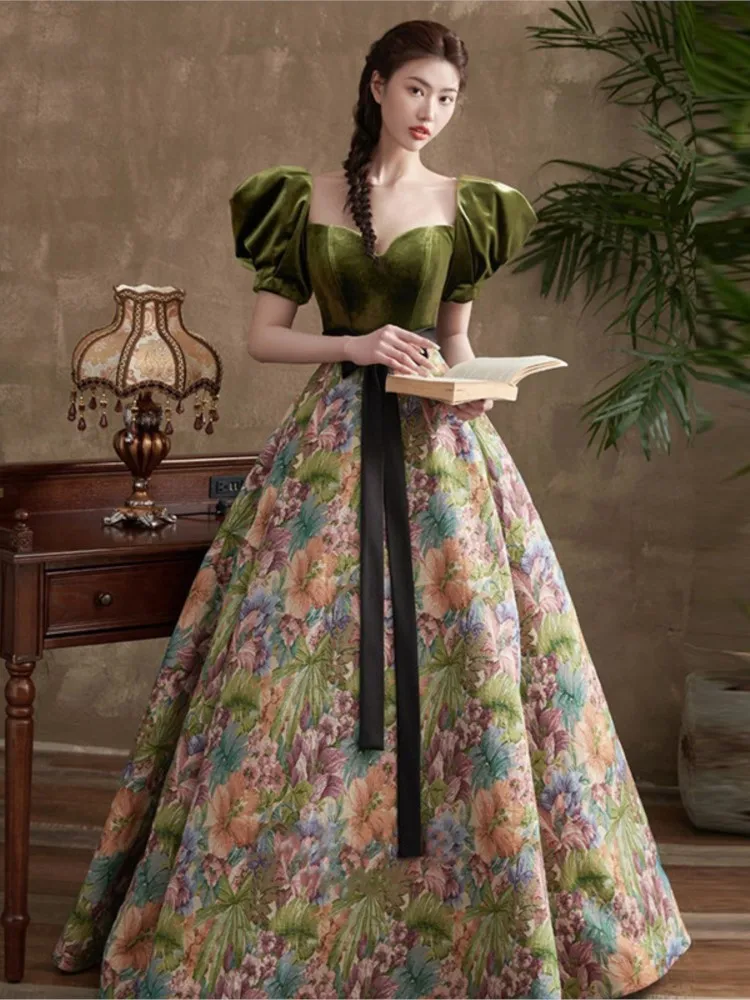 

High-end jacquard satin puffed sleeve new banquet toasting light luxury niche dress