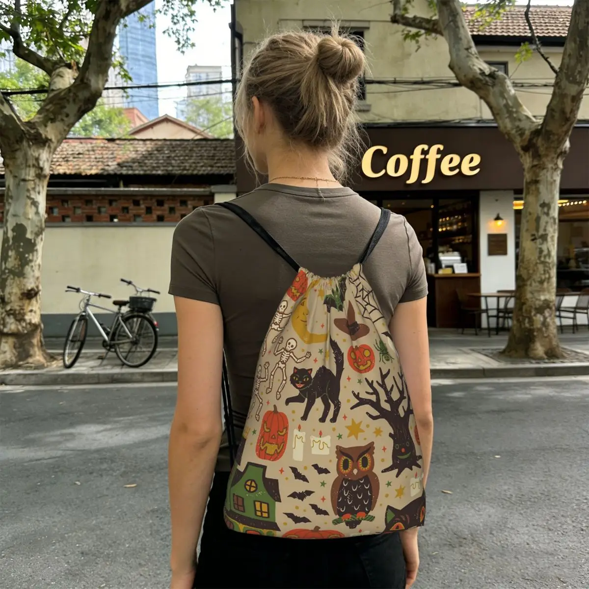Cute Cat Pumpkin And Spider Web Halloween Backpacks Fashion Drawstring Bundle Pocket Sports Bag Book Bags for Man Woman School