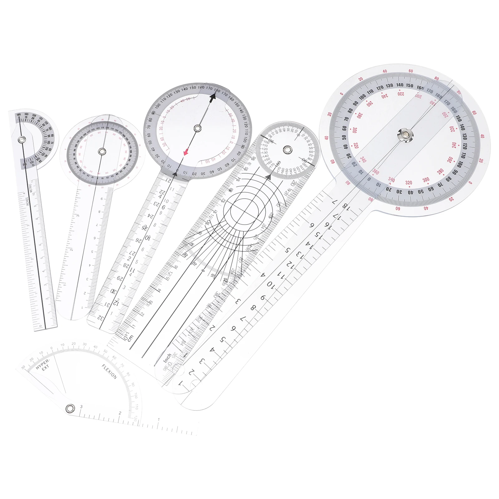 

6pcs Goniometer Set 360 Degree Plastic Angle Protractor 6 8 12 Inch Medical Measurement Tool Finger Joint Rehab Protractor Set