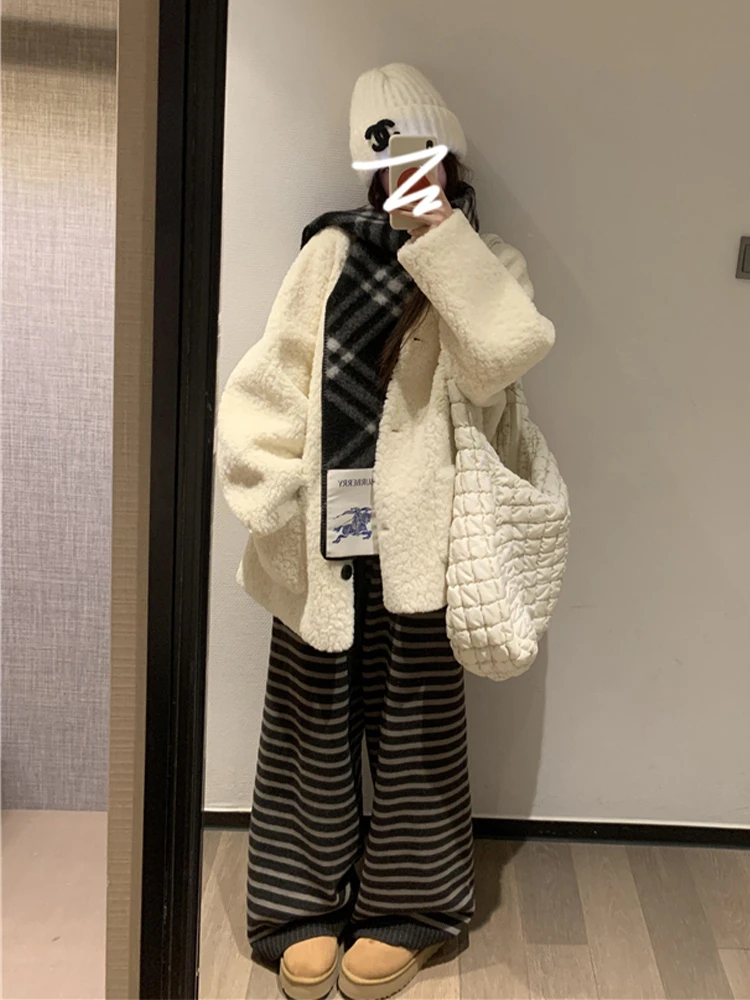 السيدات لينة Plu لامب الفراء Jaet الأبيض كسول Sle الخريف الشتاء جديد وصول الكورية الوقوف صالح ort ملابس خارجية معطف