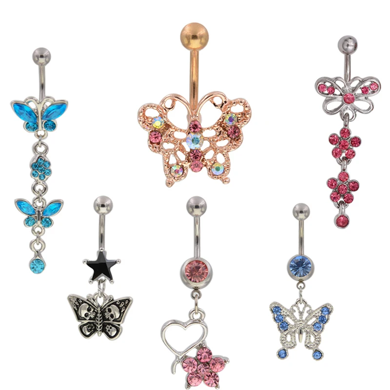 1Pc Butterfly Dangle Ball Barbell Bar Colorful Crystal Belly Button Navel Rings Barbells Navel Piercing forladiesgirl