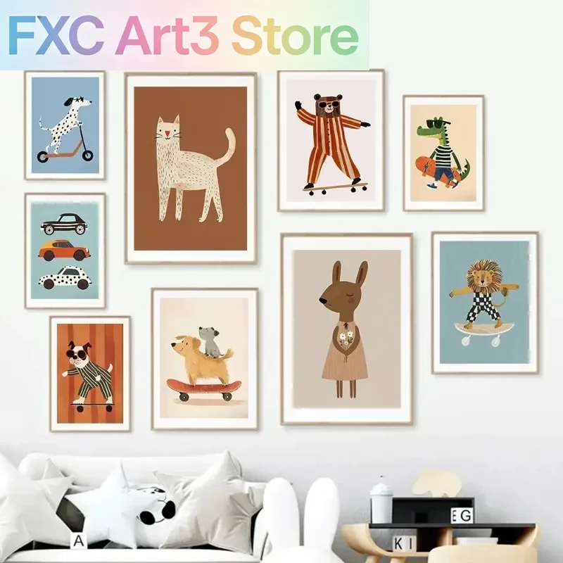 1 pièce, affiche sans cadre sur toile, motifs animaux amusants (lapin, chien, chat) et skateboard, art mural neutre pour chambre de bébé et d'enfant