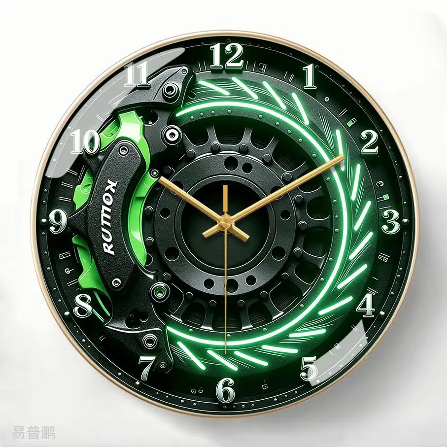 

14Inch Green Light Mechanical Wall Clock, Black and Green Calipers Silent Clock Studio Decorative Wall Hanging