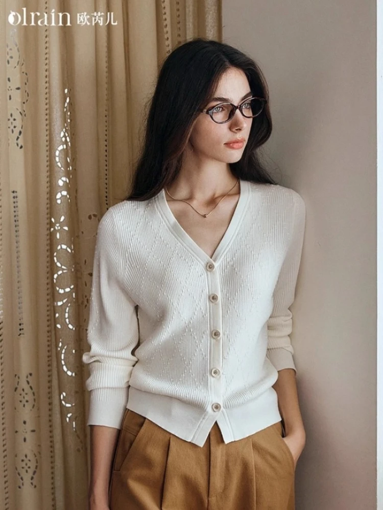 

OLrain Cardigan for women V-neck Rhombus Jacquard Knitted Straight Sweaters Autumn 2025 New Commuter Simple Top O57QZ000236