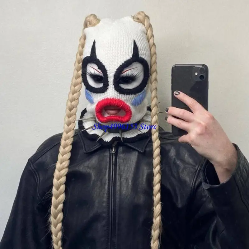 Q0KE Scary Balaclava Hat Horrid Skull Cap Crocheted Hat for Women Men Cosplay Clown