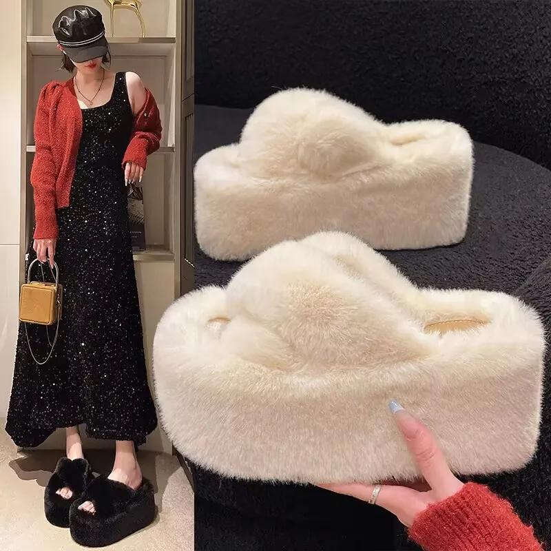 33 34 Small Size 9Cm High Heel Platform Slipper Shoes for Winter Women Casual Winter Warm Shoes Comfortable Furry Outdoor Slides