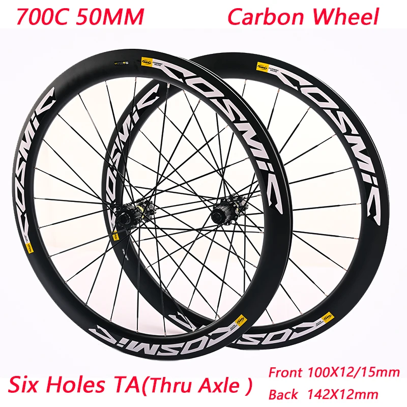 700C Road Carbon Wheels 6-hole Disc Brakes Straight-pull HG 6 Bearings 7-12 Speed Carbon Rim Bike Wheels