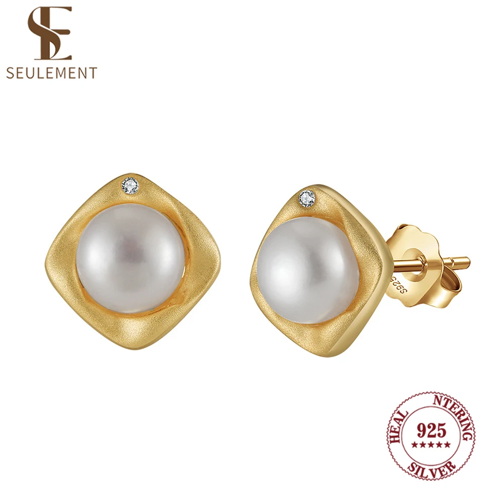 

Seulement Freshwater Natural Pearl Stud Earrings for Women 925 Sterling Silver Square Earring Simple FashionJewelry Gift