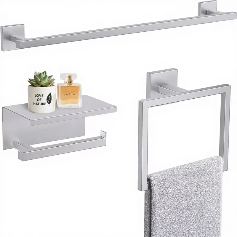 5 Piece Brushed Nickel Bathroom Hardware Set Square Wall Mounted Towel Bar 23.6 Inch Toilet Paper Holder Steel Accessories