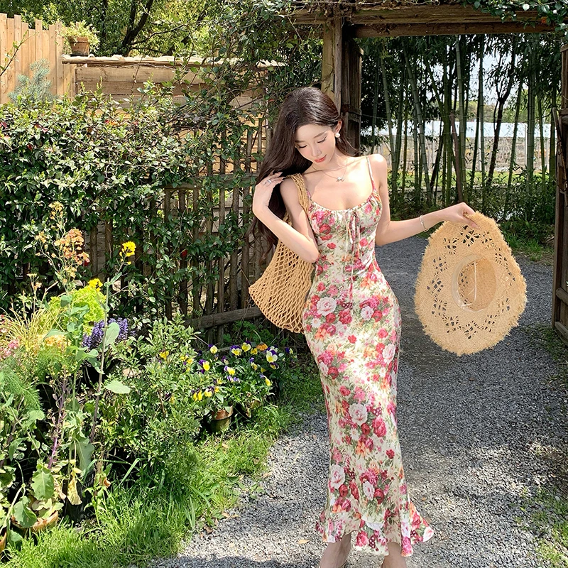 

Coigarsam Women Beach Dress Summer Office Lady Vintage Print Spaghetti Strap Dresses