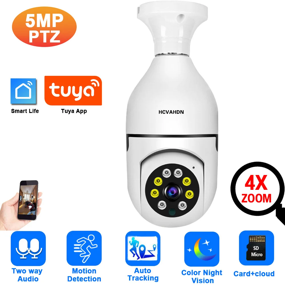 

5MP Tuya Wireless Light Bulb Camera Color Night Vision Auto Tracking Wifi PTZ CCTV Security Surveillance Camera Smart Life Cam
