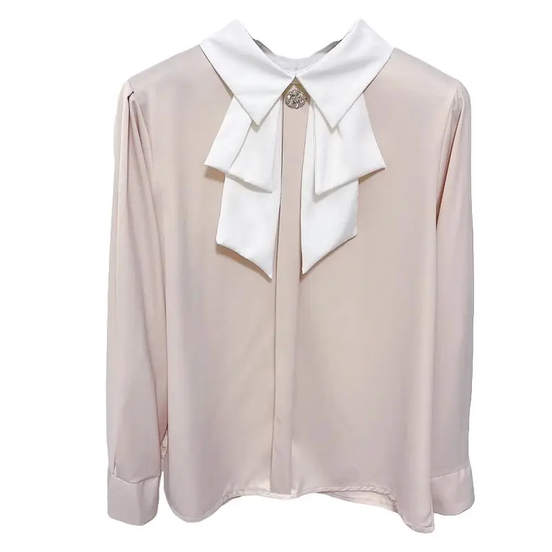 Temperament Contrast Lange Mouw Blouse Lente Herfst Nieuwe Effen Losse All-Match Elegante Shirt Tops Mode Trend Dameskleding