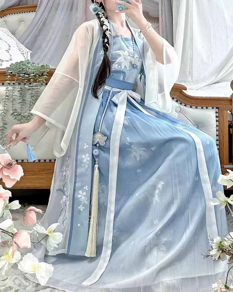 Plus Size 8XL Hanfu Dress Women Ancient Chinese Hanfu Sets Oversized Cosplay Costume Vintage Light-blue Hanfu Party Dress 6XL