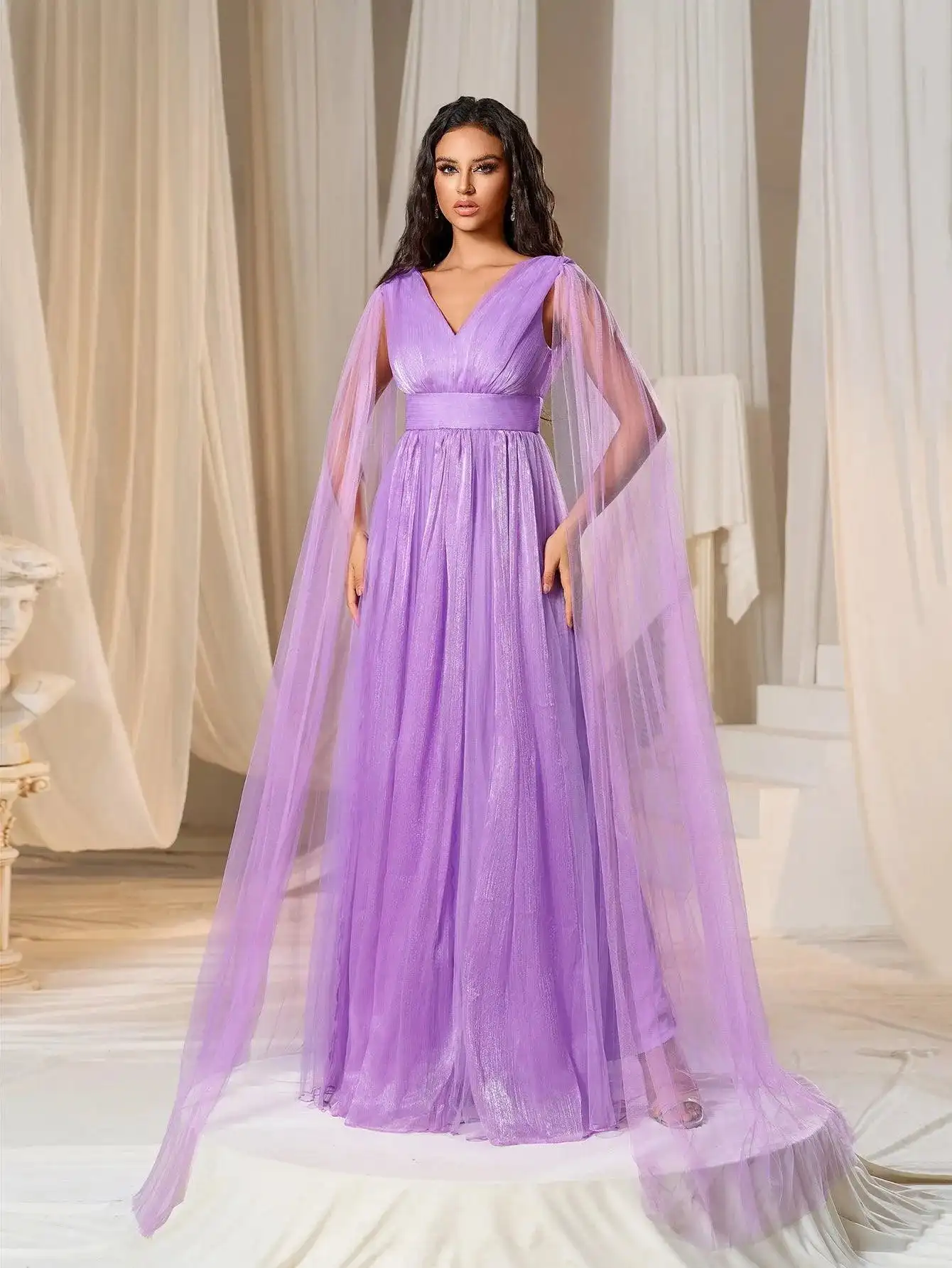 Plunging Neck A Line Bridesmaid dress With Cape Party Dress & Evening Dress