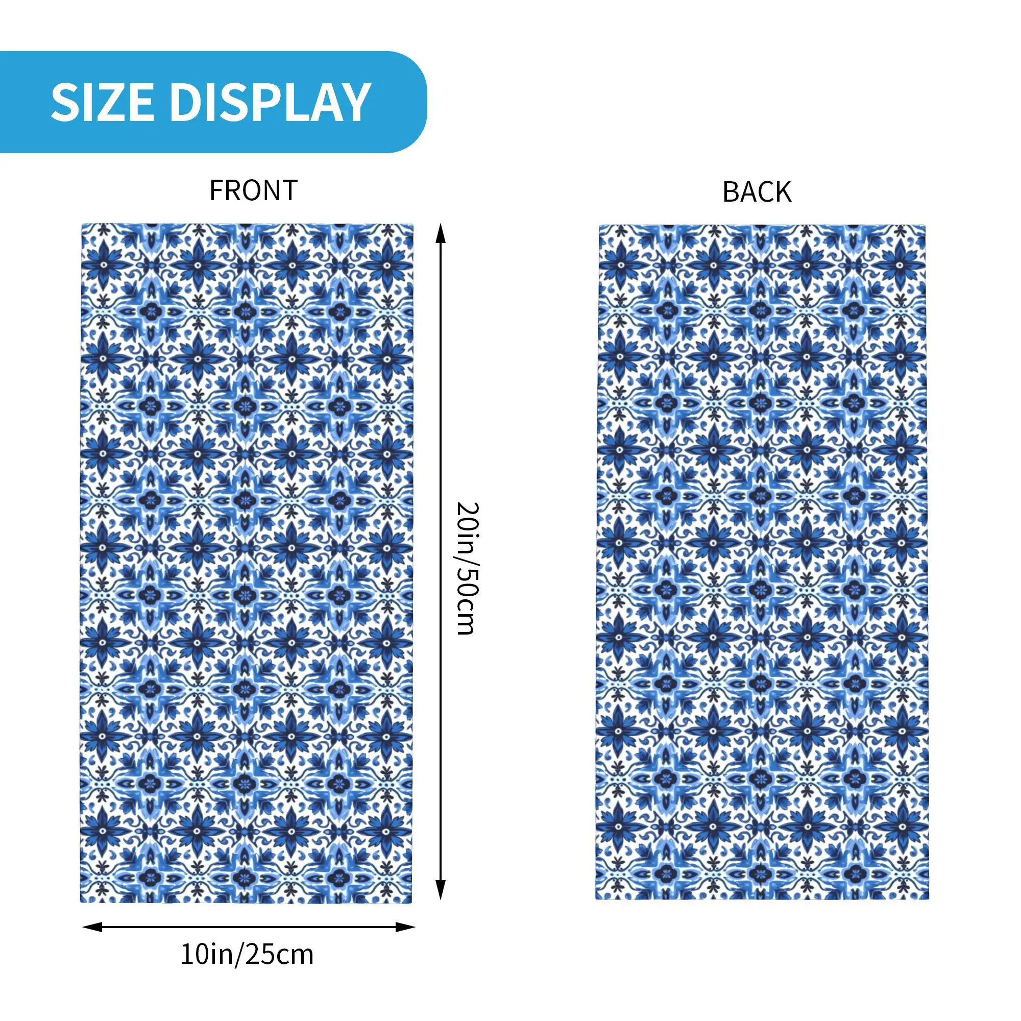 파란색과 흰색 세라믹 타일 아트 바로크풍 디자인 반다나 넥 게이터 프린트 랩 마스크 스카프 사이클링 스카프 라이딩 유니섹스