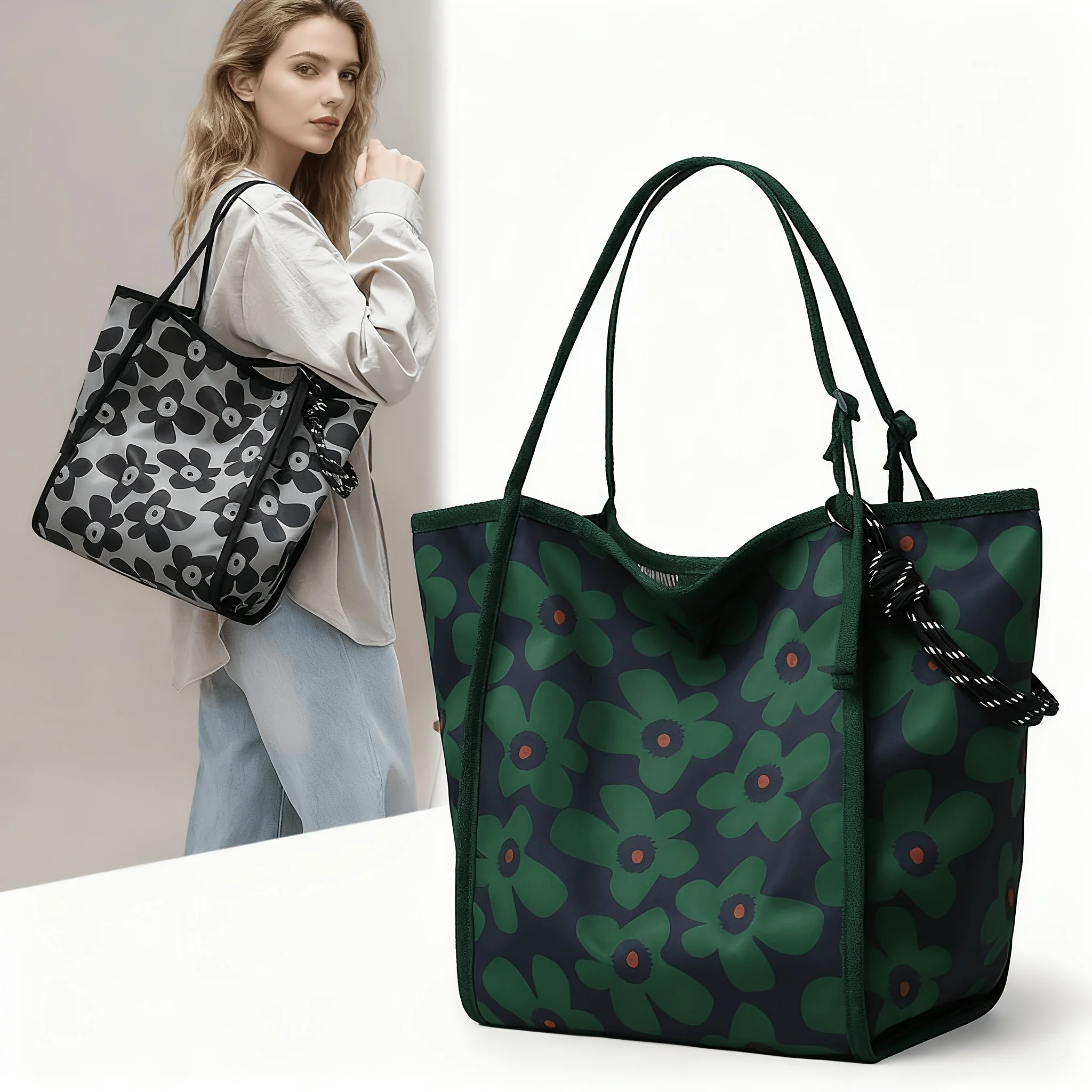 

Lightweight Nylon Tote Bag for Women Multiple Pockets Stylish Geometric Pattern Adjustable Shoulder Strap Nylon Tote Bag