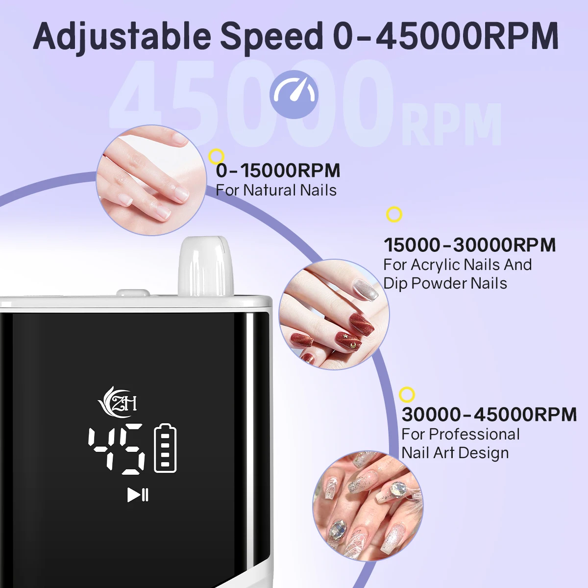 45000RPM Rechargeable Nail Drill Machine for Polished Exfoliation With LED Display Low Noise Nail Drill Sander for Gel Nails