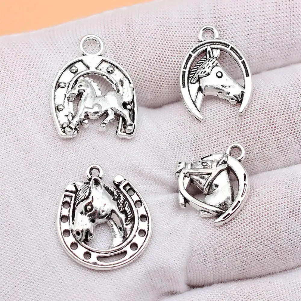 Charms For Jewelry Making Antique Silver Color Lucky Horsehead Horseshoe Charms Collection  Lot Car Accessories 4pcs