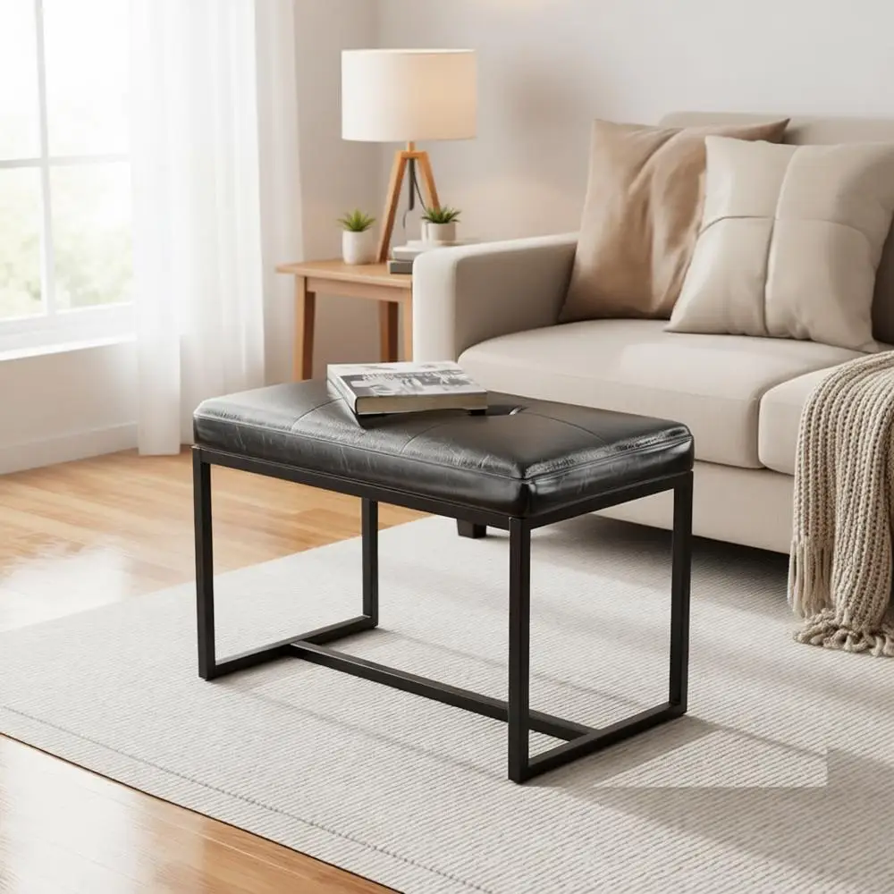 

Padded Leather Ottoman Bench, Metal Frame Vanity Stool for Makeup, Living Room, Entryway, Bathroom, Black