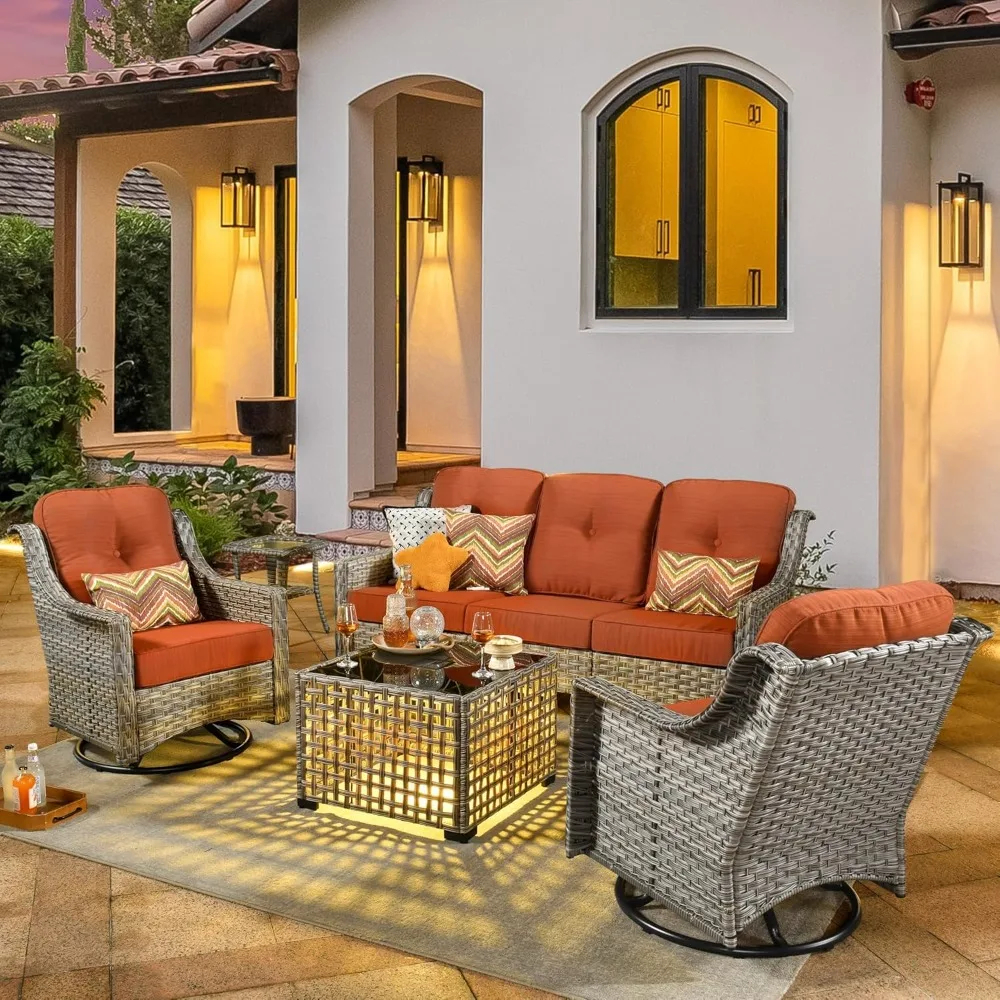 5 Pieces Patio Conversation Set,Wicker Swivel Rocking Chair and Coffee Table,All Weather Rattan Patio Furniture Set for Garden,B