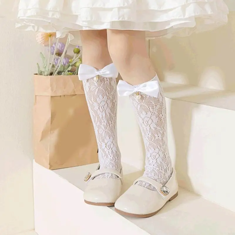

M89C Calf Length Socks for Girls, Breathable Hollowed Out Piled Up Socks Kids Stackable In Tube Socks for Various Occasion