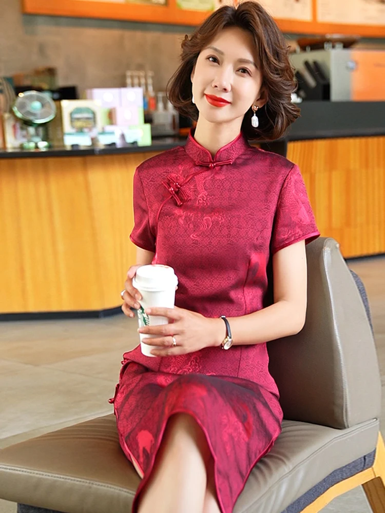 

Ele plus Size Midi Qipao Dr for Middle-Aged Women Summer 2025 Faionable Slimming Design High-Quali Polyester Blend