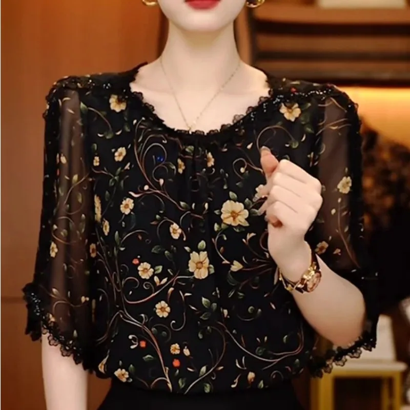 Floral Chiffon Blouse Women Loose Fit Sunscreen Top Summer Casual Flowy Shirt M… - Image 4