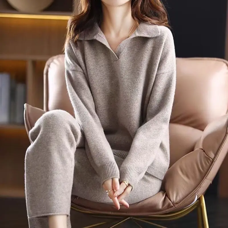 Lapel Pullover Sweater Women's Autumn and Winter New Loose and Thin Fashion Knitted Sweater Wide-leg Pants Two-piece Set