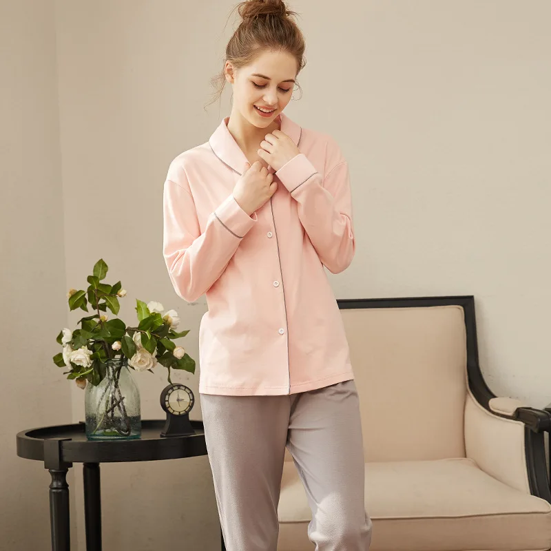 Pure Cotton Pajamas for Women's Breathable Soft Sleepwear Long Sleeved Cardigan Pants Home Wear Set Autumn Female Nightwear