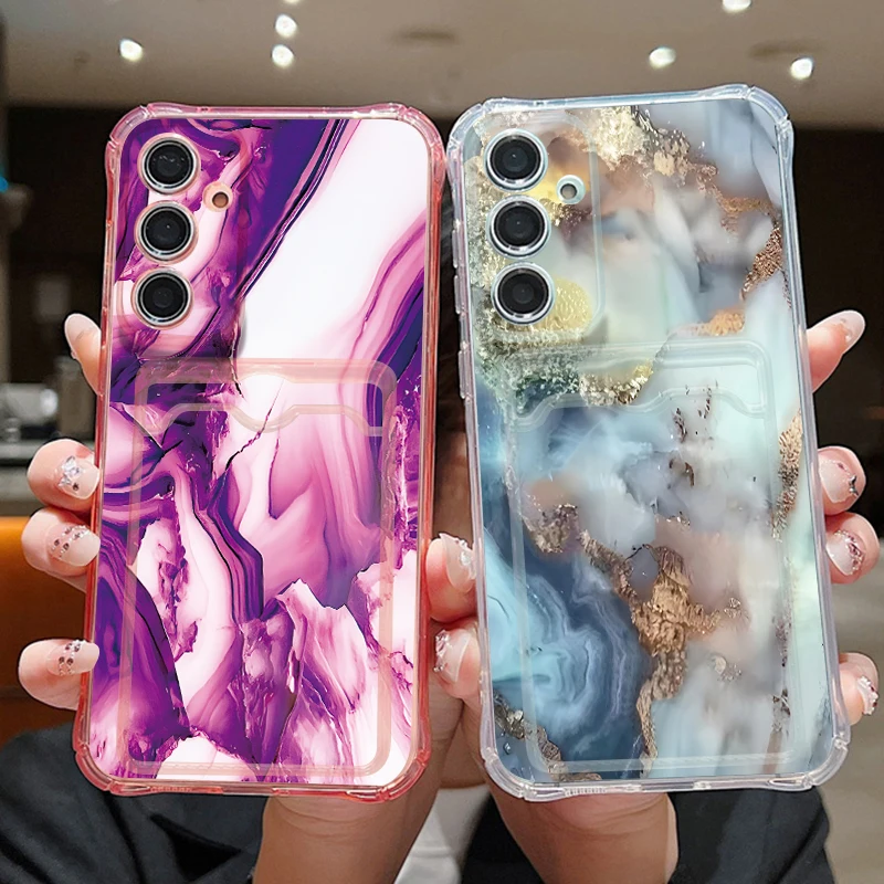 Card Pocket Phone Case For Samsung Galaxy S26 S25 S24 Ultra S23 S25 FE A57 A37 A17 A56 A55 A16 A54 Marble Printed Soft TPU Cover