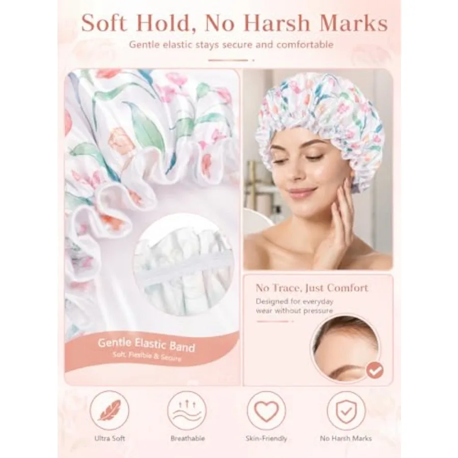 Shower Caps, Reusable Shower Cap for Women, Double Layer Waterproof Hair Cap, Large Size for All Hair Lengths, for Girls Spa Ho