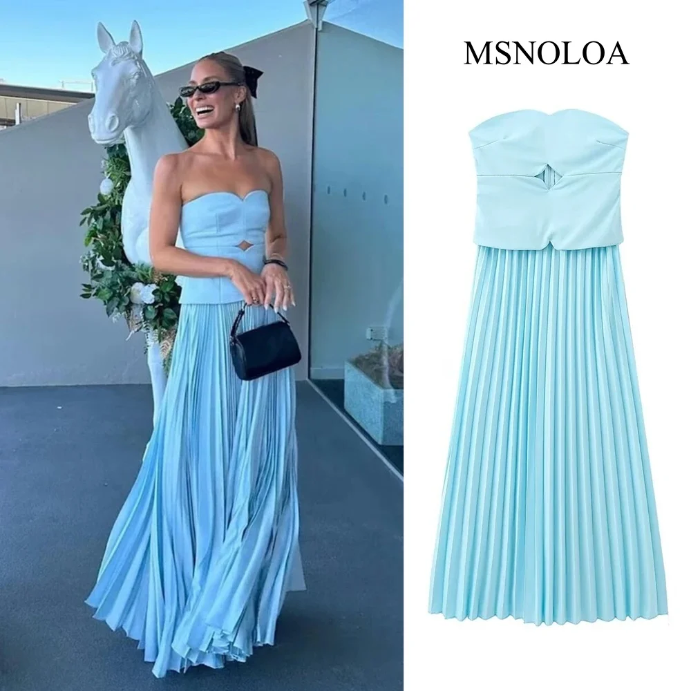 Elegant Blue Off Shoulder Pleated Dress For Women Sleeveless Backless A Line Dresses 2024 Spring New Female Vacation Party Robes