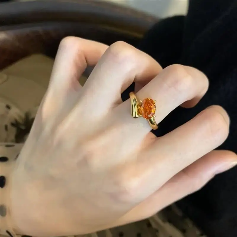

Gold Plated Waterdrop Faux Fentian Stone Ring for Women Vintage Luxury Ins Court Style Arc Ring Circle Orange Zircon Ring