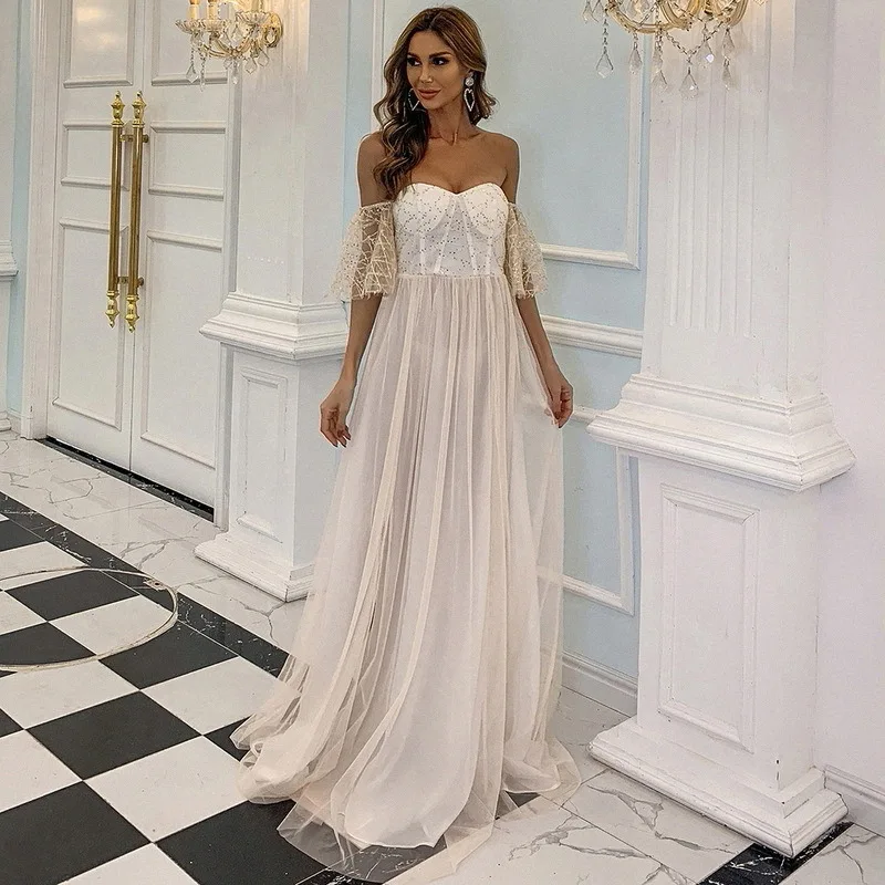 

2023 Hot Sale Women Chiffon Long Sheer Sleeve Maxi Party Dresses Casual Gown Off Shoulder Sequin Mesh Prom Dress