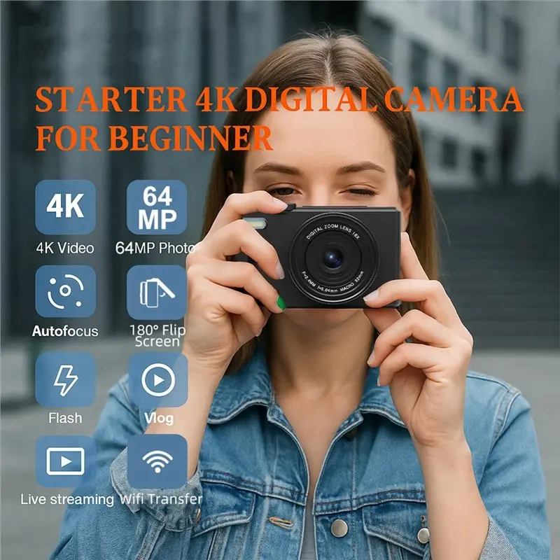 Цифровая камера FEDI-AC600 4K 64MP UHD с 18-кратным зумом 180° °   Винтажный экран с функцией поворота для записи видеоблогов на YouTube с автофокусом